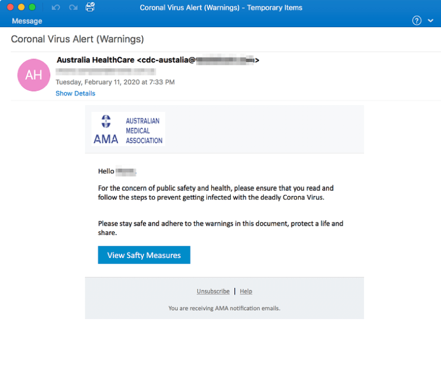 Example of a phishing email involving Coronavirus