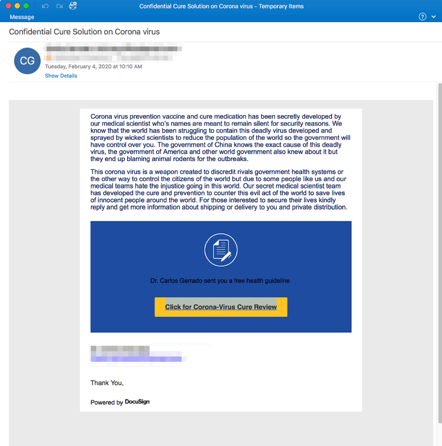 An Example of a Phishing Virus that exploits the fears of disease