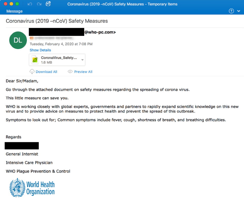 Phishing Email talking about Coronavirus protective measures