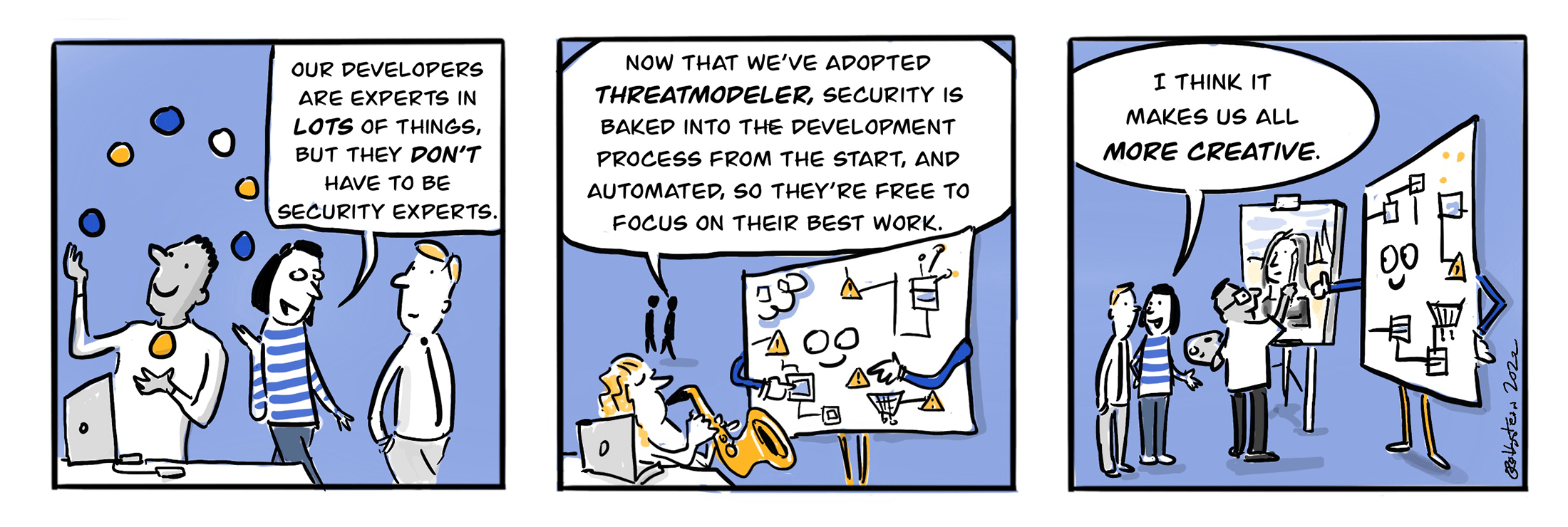 Three panel cartoon about security experts