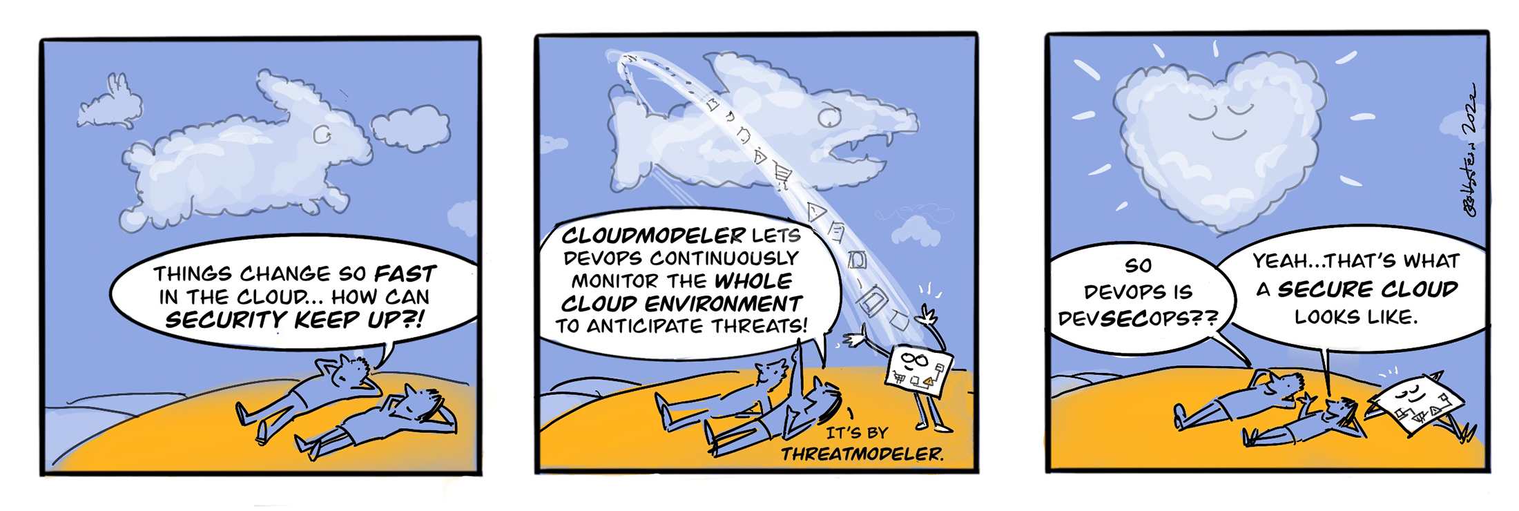 Three panel cartoon about cloud security