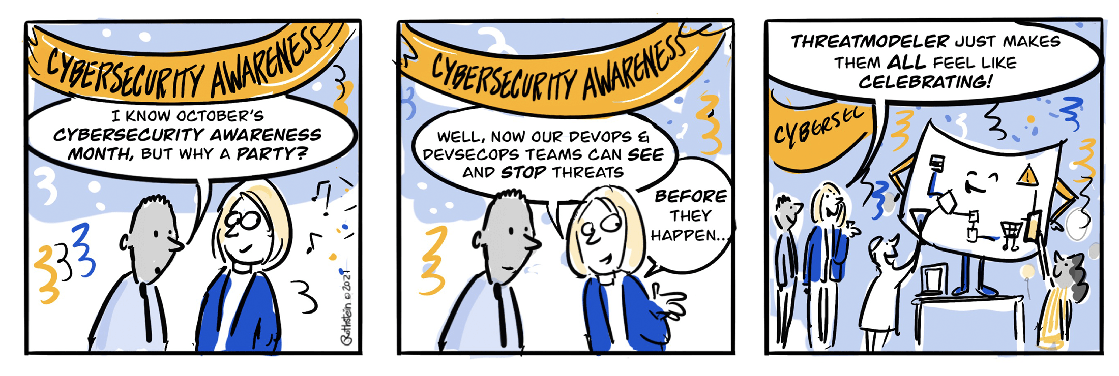 Three panel cartoon about cybersecurity awareness