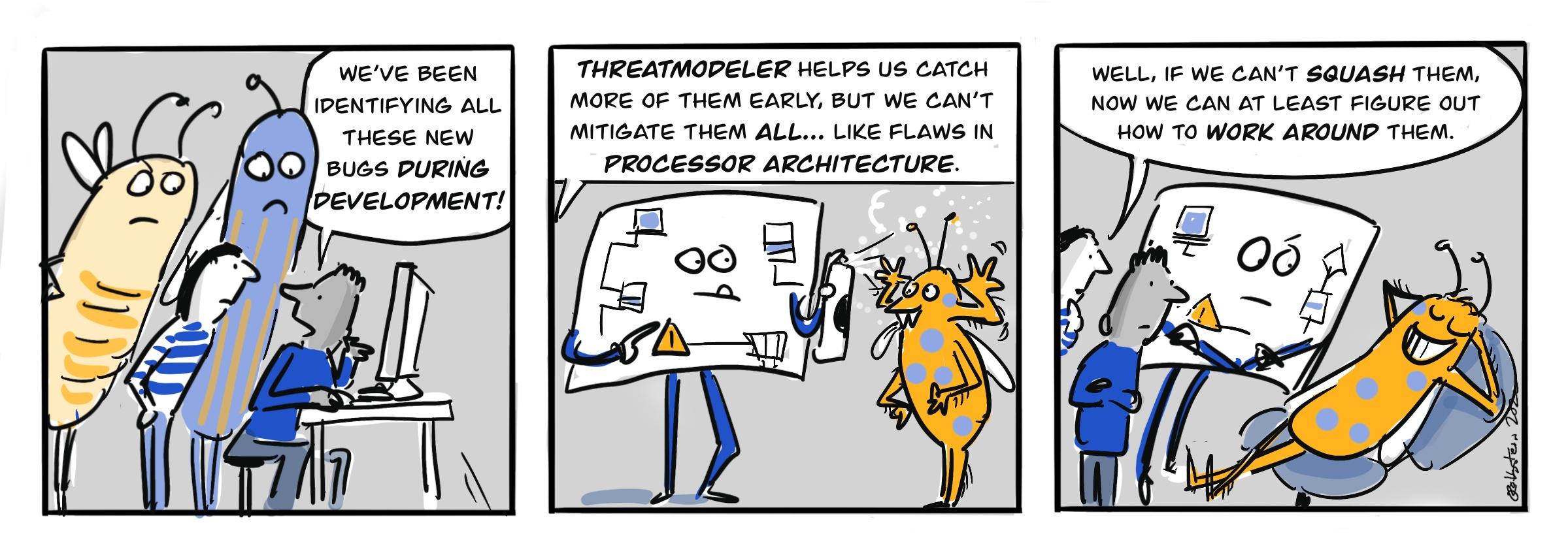 Three panel cartoon about software bugs