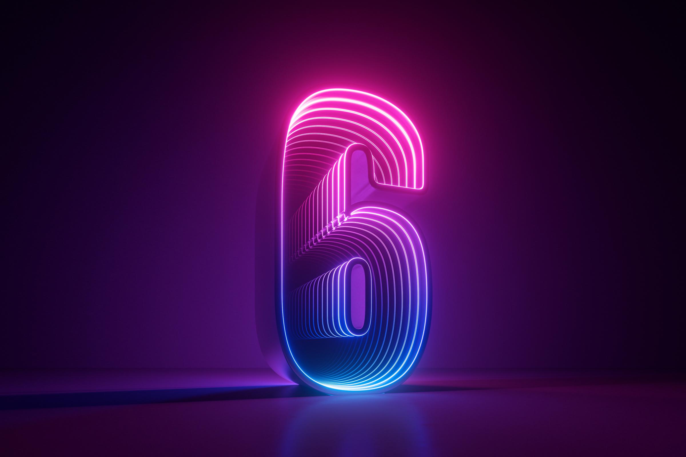 the number 6 in neon lighting